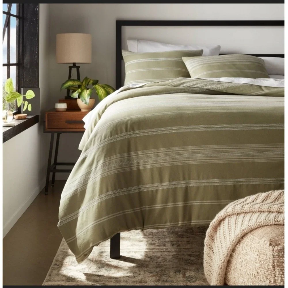 Threshold Duvet Cover Set King Moss Green Cotton Woven Stripe 3pc NWT